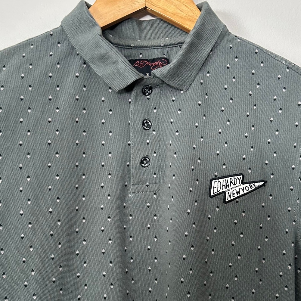 Ed Hardy Polo Shirt Mens S Gray Diamond Print Embroidered Logo New York Y2K